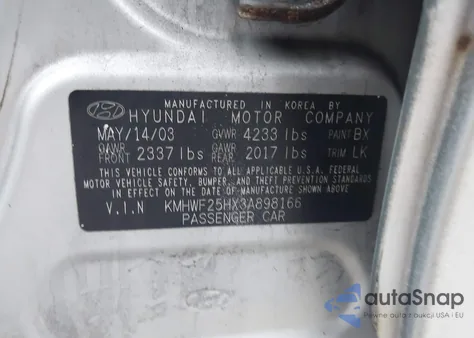 2003 Hyundai Sonata Base W/2.7L V6 z USA, uszkodzony, nr VIN KMHWF25HX3A898166